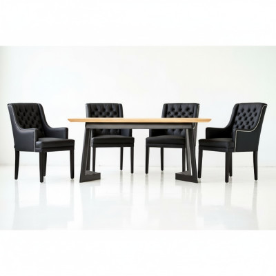 Moderno conjunto de comedor ovalado con sillas Chesterfield negras de diseño, 7 piezas.