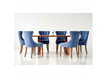 Mesa de madera rectangular Designer x6 Sillas azules Chesterfield Conjunto de comedor de 7 piezas