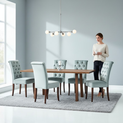 Conjunto de comedor Chesterfield moderno: mesa de comedor de lujo con 6 sillas Chesterfield.