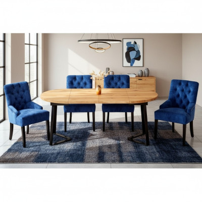 Muebles de comedor azul-marrón diseñados con mesa de comedor de madera y 6 sillas Chesterfield tapizadas.