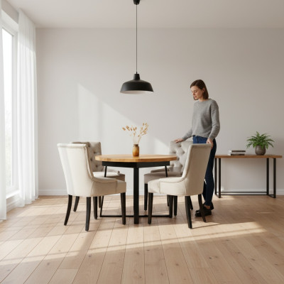 Mesa de comedor + 4 sillas Chesterfield de madera con asiento tapizado