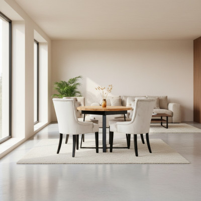 Mesa de comedor + 4 sillas Chesterfield de madera con asiento tapizado