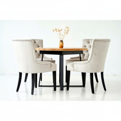 Mesa de comedor + 4 sillas Chesterfield de madera con asiento tapizado