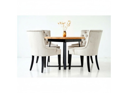 Mesa de comedor + 4 sillas Chesterfield de madera con asiento tapizado