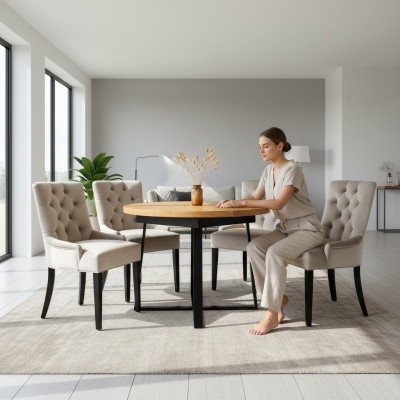 Diseño de mesa de comedor + grupo de asientos de 6 sillas Chesterfield con respaldo alto.