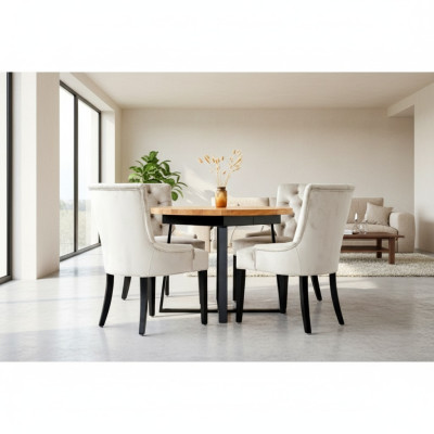 Diseño de mesa de comedor + grupo de asientos de 6 sillas Chesterfield con respaldo alto.