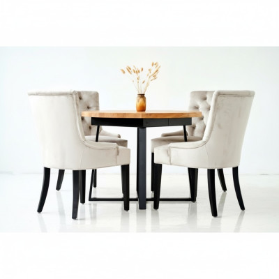 Diseño de mesa de comedor + grupo de asientos de 6 sillas Chesterfield con respaldo alto.