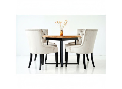 Diseño de mesa de comedor + grupo de asientos de 6 sillas Chesterfield con respaldo alto.