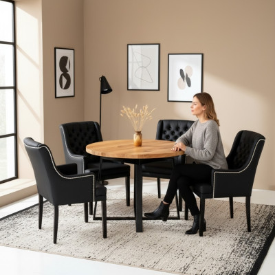 Muebles de comedor modernos. Elegante mesa redonda de madera + set de 7 piezas con 6 sillas de cuero Chesterfield.