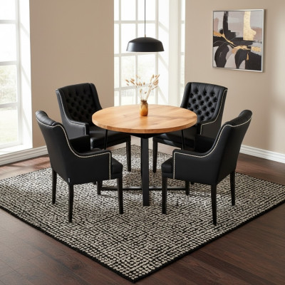 Muebles de comedor modernos. Elegante mesa redonda de madera + set de 7 piezas con 6 sillas de cuero Chesterfield.