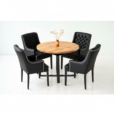 Muebles de comedor modernos. Elegante mesa redonda de madera + set de 7 piezas con 6 sillas de cuero Chesterfield.