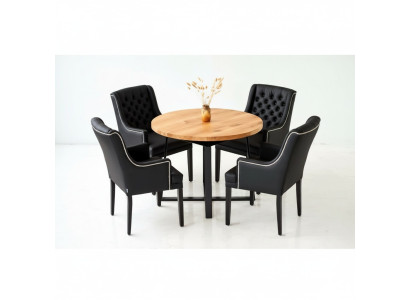 Muebles de comedor modernos. Elegante mesa redonda de madera + set de 7 piezas con 6 sillas de cuero Chesterfield.