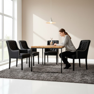 Mesa de comedor + 4 sillas Chesterfield de lujo conjunto de comedor de 5 piezas.