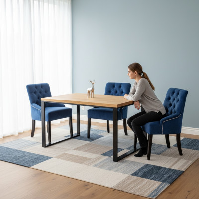Moderno conjunto de comedor, mesa de madera de diseñador con sillas Chesterfield azules.