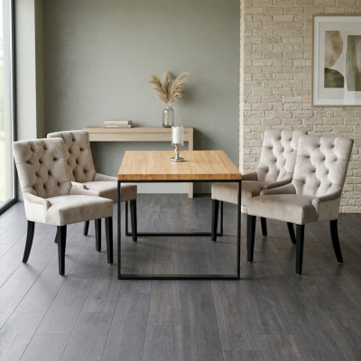 Mesa de comedor rectangular marrón con 6 sillas Chesterfield blancas modernas.
