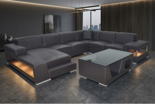 Sofá de esquina de cuero, conjunto de salón de diseño moderno en forma de U con puerto USB.