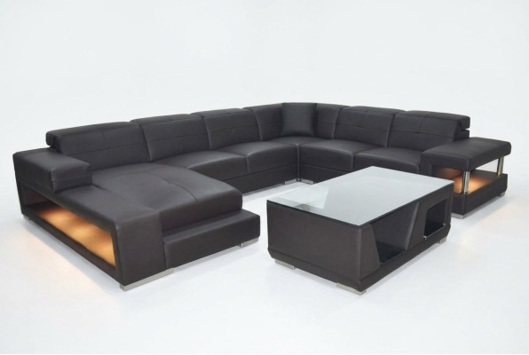 Sofá de esquina de cuero, conjunto de salón de diseño moderno en forma de U con puerto USB.