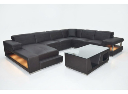 Sofá de esquina de cuero, conjunto de salón de diseño moderno en forma de U con puerto USB.