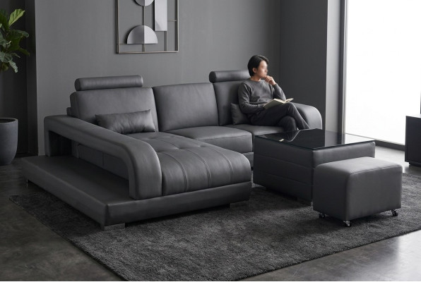 Sofá XXL de cuero con forma de L, diseño moderno, paisaje de sala de estar, con mesa USB.