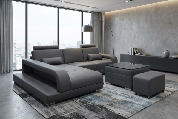 Sofá XXL de cuero con forma de L, diseño moderno, paisaje de sala de estar, con mesa USB.