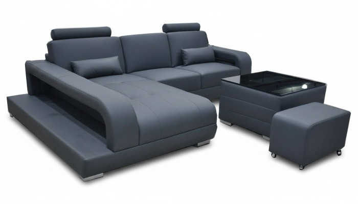 Sofá XXL de cuero con forma de L, diseño moderno, paisaje de sala de estar, con mesa USB.