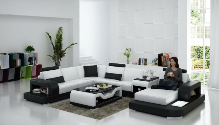 Sofá de cuero Sofá Paisaje de vida Sofá de esquina Conjunto de esquina Diseño Sofá moderno con USB