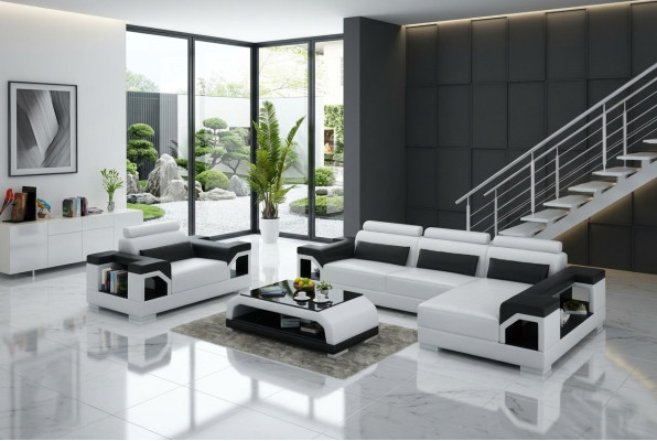 Sofá de cuero con USB Sofá de esquina Living + Sillón Conjunto de esquina Diseño de sofá moderno.