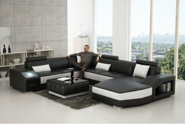 Conjunto de sofá de cuero para sala de estar con esquina acolchada, conjuntos de asientos en forma de paisaje y USB.