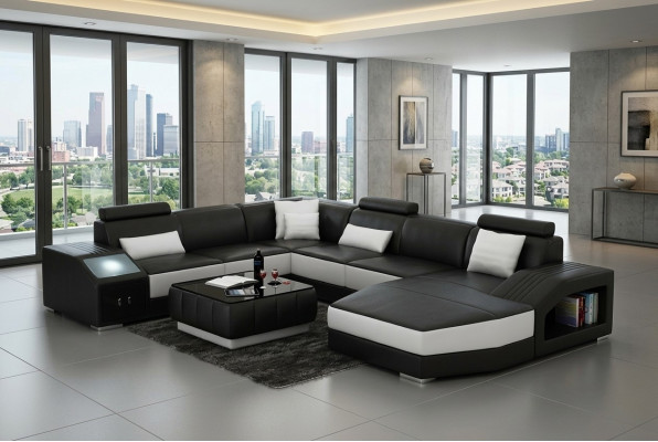 Conjunto de sofá de cuero para sala de estar con esquina acolchada, conjuntos de asientos en forma de paisaje y USB.