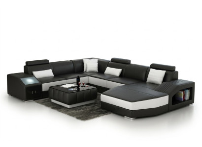 Conjunto de sofá de cuero para sala de estar con esquina acolchada, conjuntos de asientos en forma de paisaje y USB.