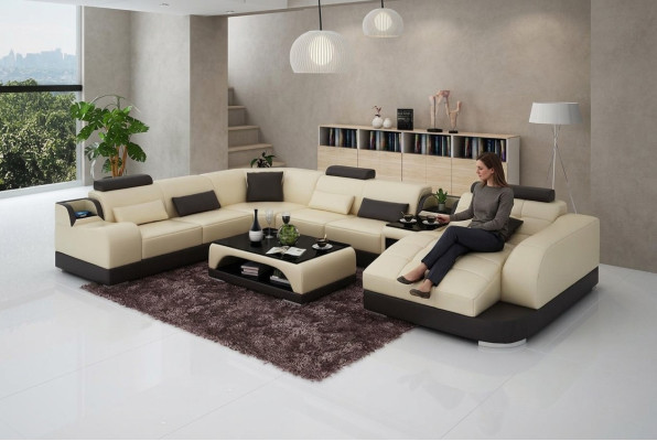 Sofá de esquina de cuero para sala de estar con área de descanso tapizada y cojines + USB.