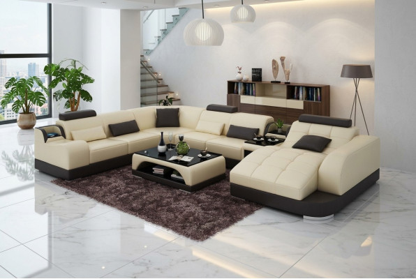 Sofá de esquina de cuero para sala de estar con área de descanso tapizada y cojines + USB.
