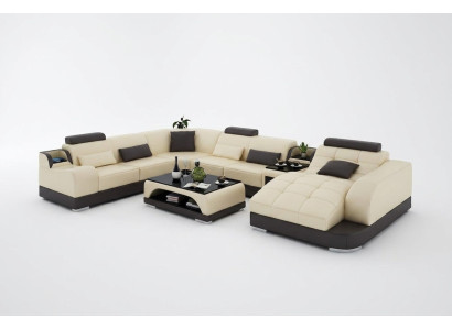 Sofá de esquina de cuero para sala de estar con área de descanso tapizada y cojines + USB.