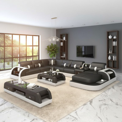 Lujo conjunto de sofás tapizados en forma de U con sofá rinconera esquinero, sofá grande XXL + USB.