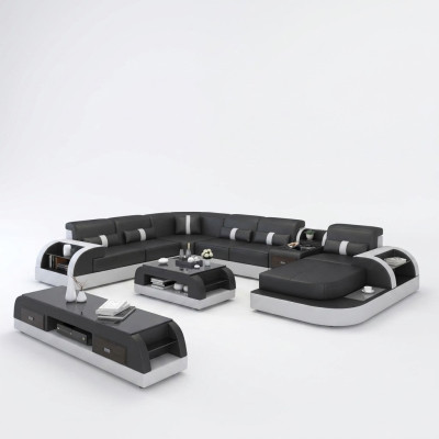 Lujo conjunto de sofás tapizados en forma de U con sofá rinconera esquinero, sofá grande XXL + USB.