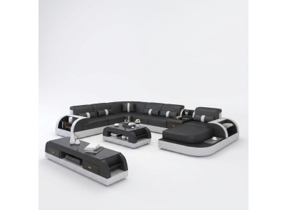 Lujo conjunto de sofás tapizados en forma de U con sofá rinconera esquinero, sofá grande XXL + USB.