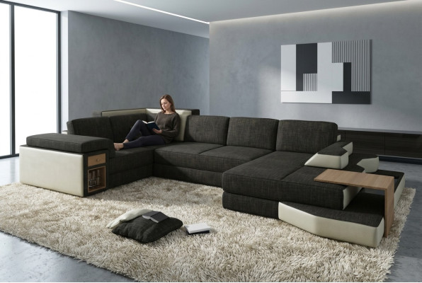 XXL diseño gran sofá con USB, sofá esquinero paisaje de sala en forma de U de cuero textil rincón