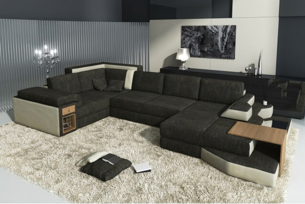 XXL diseño gran sofá con USB, sofá esquinero paisaje de sala en forma de U de cuero textil rincón