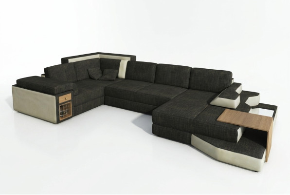 XXL diseño gran sofá con USB, sofá esquinero paisaje de sala en forma de U de cuero textil rincón