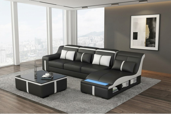 Diseño de sofá esquinero con USB LED + mesa acolchada de esquina de cuero Conjunto de sala de estar