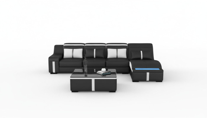 Diseño de sofá esquinero con USB LED + mesa acolchada de esquina de cuero Conjunto de sala de estar