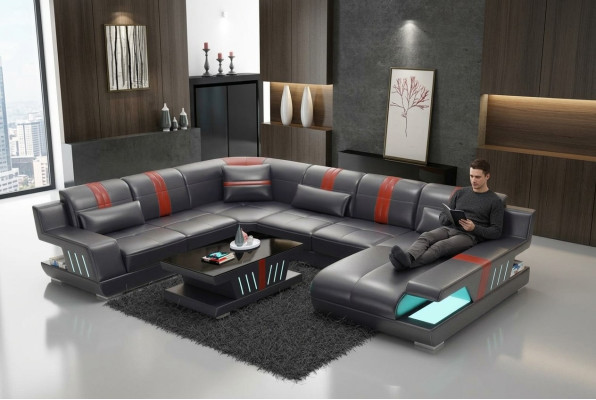 Sofá esquinero conjunto de muebles de sala de estar sofá en forma de U sofás acolchados de cuero iluminados de diseño