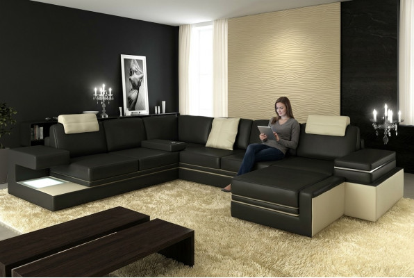 Diseño moderno de sofá esquinero, sofá tapizado esquina de cuero textil, sofá con luz LED.