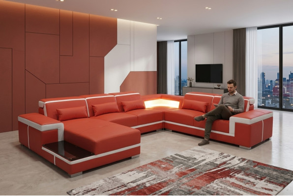 Diseño de esquina del sofá + USB acolchado esquina asiento de cuero sofá salón superespalda XXL forma U