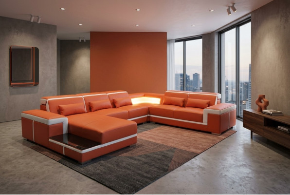 Diseño de esquina del sofá + USB acolchado esquina asiento de cuero sofá salón superespalda XXL forma U