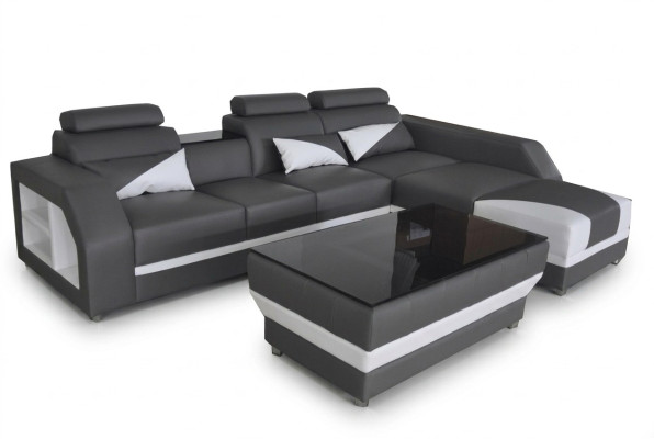 Sofá de esquina de cuero con USB, sofás acolchados y lujoso conjunto de sofás de salón en forma de garnitura de esquina.