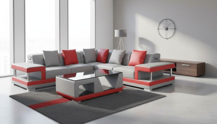 Sofá de cuero con USB, sofá de esquina de salón en forma de L con diseño moderno.