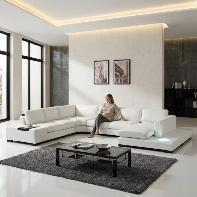 Sofá de cuero, sofá en forma de L, sofá modular, sofá esquinero, conjunto de diseño moderno con USB.