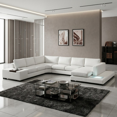 Sofá de cuero, sofá en forma de L, sofá modular, sofá esquinero, conjunto de diseño moderno con USB.