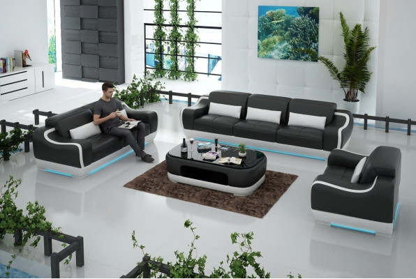 Sofá de cuero Wohnlandschaft 3 plazas + 2 plazas + 1 plaza Conjunto de sofás Sofá de sofá con USB